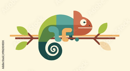 Colorful Chameleon Sitting on Branch Illustration.