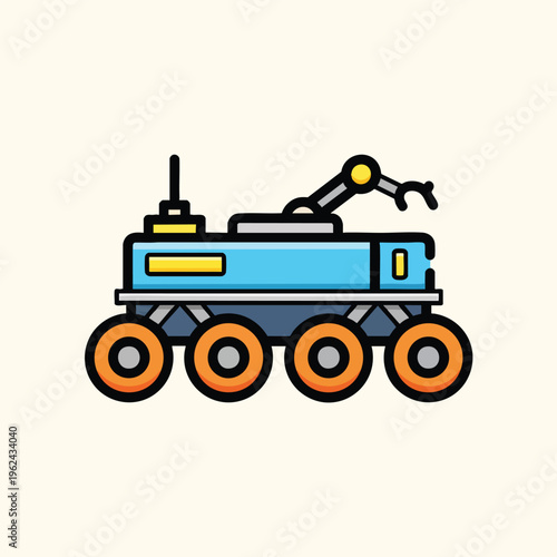 A cartoon rover with wheels, an antenna, and an articulated arm. It's blue with yellow accents on the boxy frame, and orange wheels