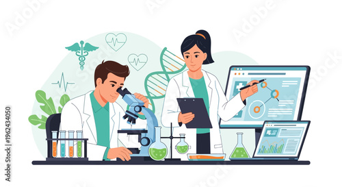 Scientific Research & Innovation: Scientists in Lab Coats Conduct Experiments, Analyze Data with Microscope, DNA & Digital Charts