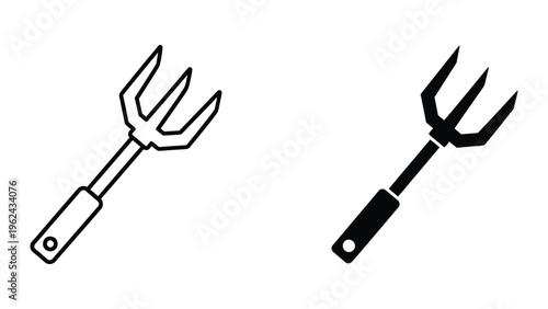 Comparison of a traditional fork and a pitchfork design in black and white illustration