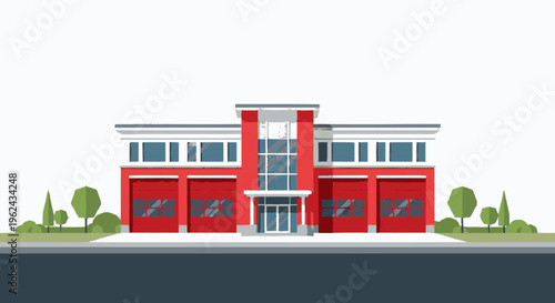 Fire Station Building Red Modern Architecture.