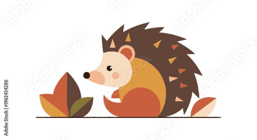 Hedgehog Cartoon Character with Leaves Illustration.