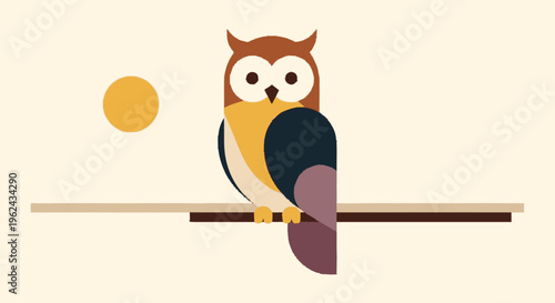 Illustration of a brown owl perched on branch.