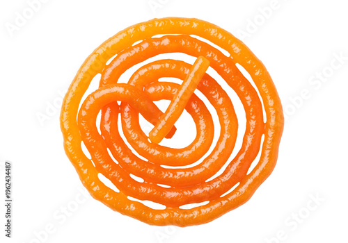 Vibrant orange spiral shaped indian sweet jalebi on a transparent PNG format background, traditional dessert
