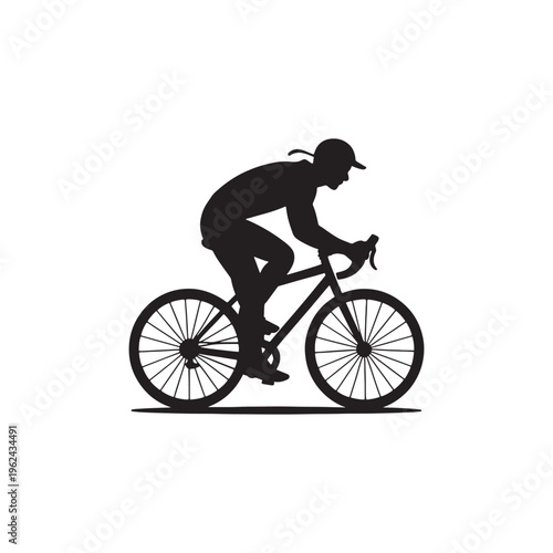 Vector illustration of a black cyclist silhouette riding a mountain bike for sport and race competition with a helmet and wheel