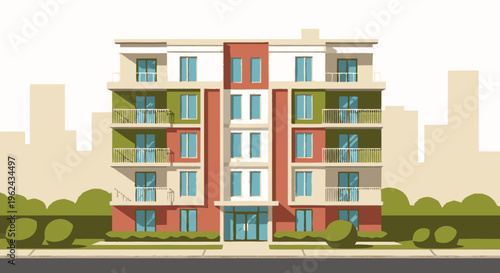 Modern Apartment Building with Balconies and Windows.