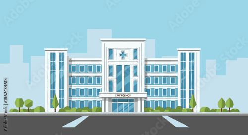 Modern Hospital Building with Medical Cross Symbol.