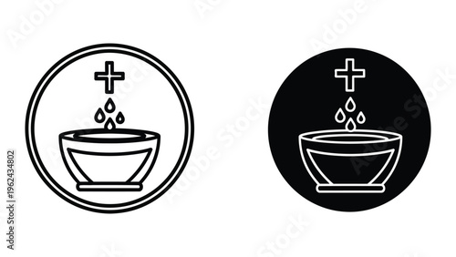 Contrast icons depicting baptismal fonts with water droplets and crosses above
