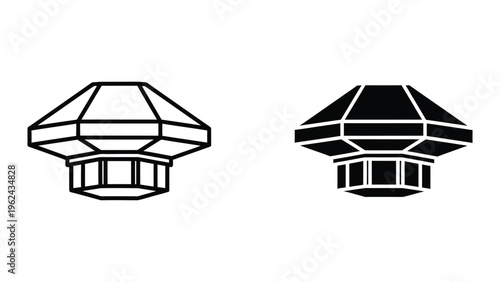 Comparison of a light and darkened octagonal pavilion structure with glass panels