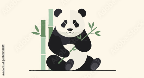 Panda Bear Sitting with Bamboo Illustration.