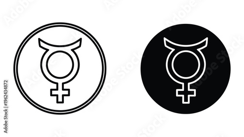Contrasting depictions of the mercury symbol in white and black backgrounds