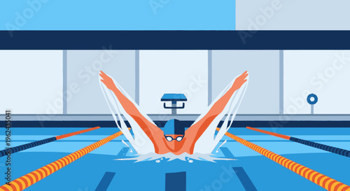 Swimmer Diving into Swimming Pool Water.