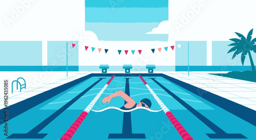 Swimmer in Action at Outdoor Pool.