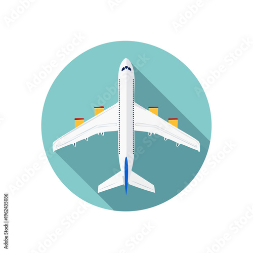 Top view of a white passenger jet airplane with blue tail fins and engines against a teal circular background and white border