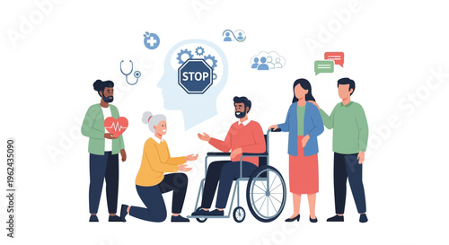 Community Mental Health Support and Wellness with Diverse Group, Empathy, and Disability Care Illustration