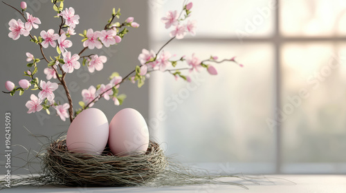 Two pastel pink Easter eggs sit led in a woven bird's , adorned with delicate pink blossoms in front of a sunlit window creating a serene sp scene.