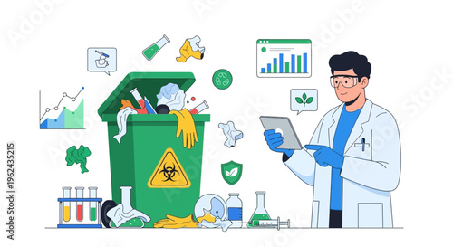 Scientist Managing Lab Waste, Analyzing Data for Environmental Sustainability, Safety, and Responsible Research
