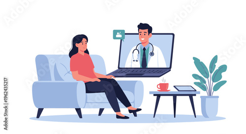 Telemedicine Consultation: Woman Connects with Doctor Online via Video Call from Home for Virtual Healthcare Appointment