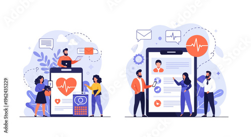 Digital Healthcare & Online Services: Modern Mobile Technology, Data Management, and Professional Team Collaboration Concepts