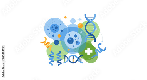 Abstract Genetics & Health Illustration. Modern vector design with DNA, cells, and medical cross for science, biotechnology, and healthcare concepts.