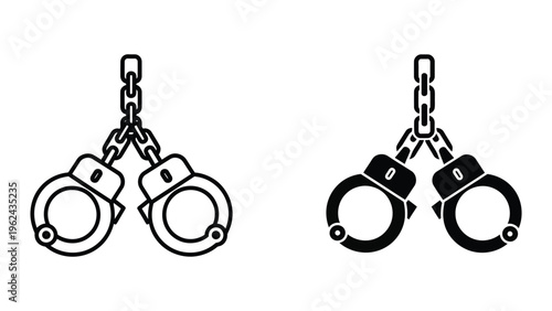 Contrasting handcuff designs connected by chains in black and white illustration