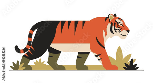 Tiger Walking Illustration Orange Black Stripes.