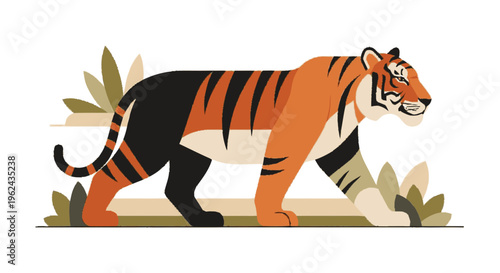 Tiger Walking Illustration with Striped Fur.