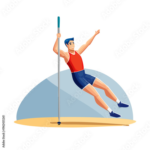 Male athlete pole vaulting high in a dynamic action pose mid jump
