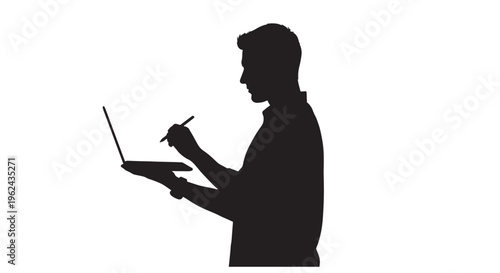 Professional male silhouette creating vector graphic design using a stylus and laptop
