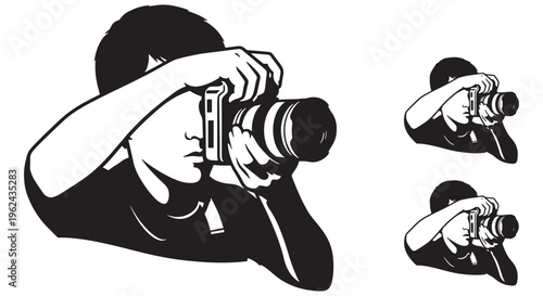 Professional photographer capturing moments with a digital camera, presented in a crisp vector graphic.