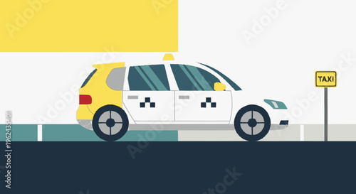 White Taxi Cab Vehicle on Roadway.
