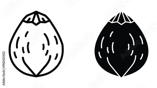 Black and white illustration comparing a coconut with its shell and without its shell