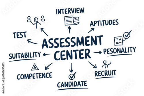 A conceptual diagram illustrating an assessment center process for candidate evaluation and recruitment high quality professional