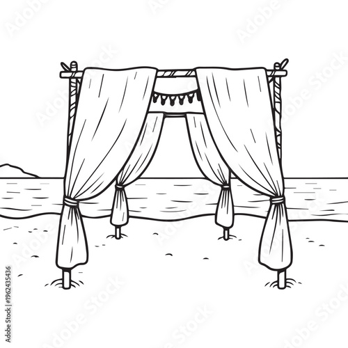 Hand Drawn Beach Wedding Gazebo with Curtains and String Lights Vector Illustration