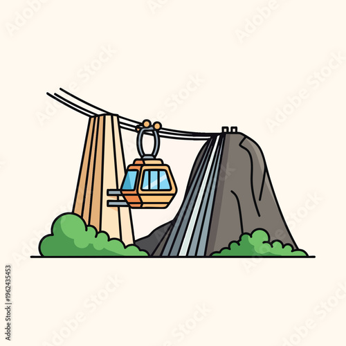 A cartoon depiction of a cable car traversing between two mountainous structures, with greenery at the base. The style is simplistic
