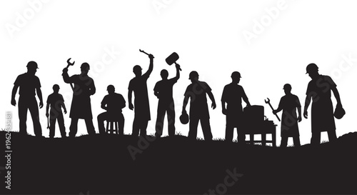 Silhouettes of a diverse team of industrial workers with tools graphic artwork