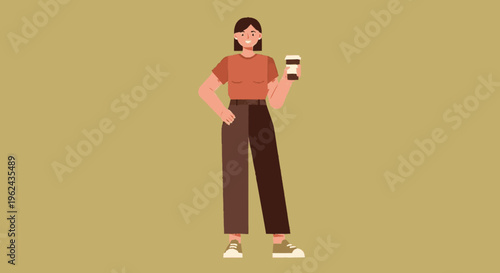 Woman Holding Coffee Cup Standing Relaxed.