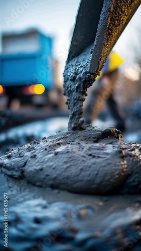 Construction workers pour concrete for new road project in the city during the early morning