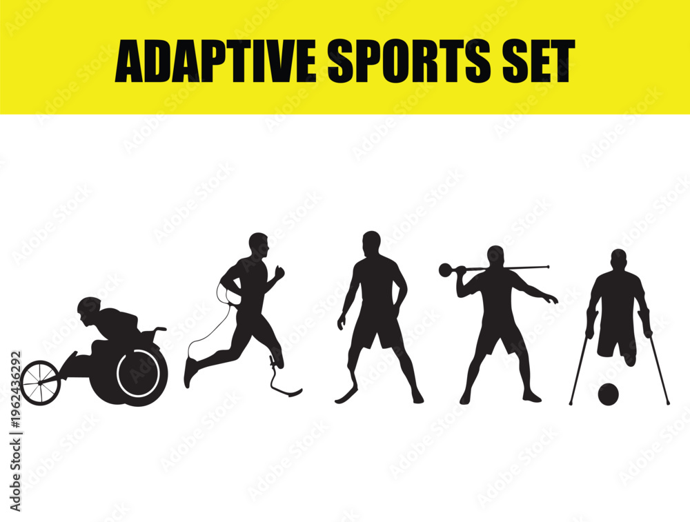 Obraz premium Adaptive sports set with disabled athlete silhouettes, inclusive para sports competition icons, black vector figures of people with physical disabilities playing soccer and racing