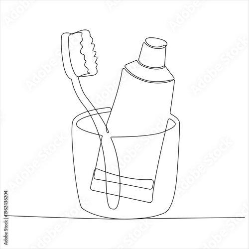 Continuous line art drawing of toothbrush and toothpaste  vector illustration