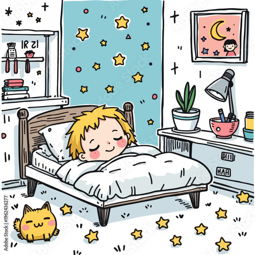 A child sleeping peacefully in bedroom.