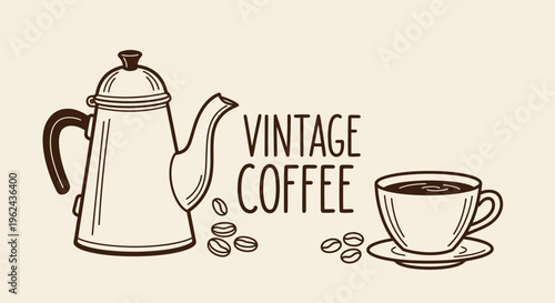 Elegant Hand-Drawn Vintage Coffee Illustration featuring a Classic Pot, Steaming Cup, and Scattered Beans. Perfect for Cafe Decor and Beverage Menus