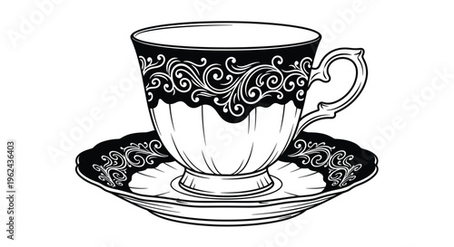 Ornate teacup and saucer design detailed floral patterns black and white silhouette