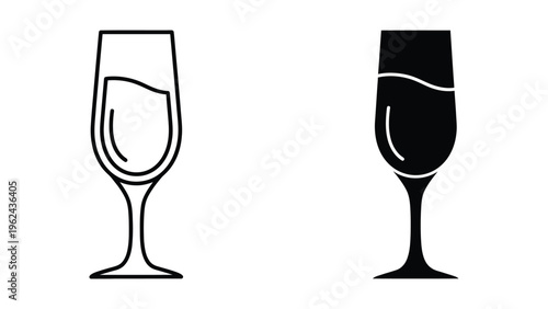 Contrast of empty and half-filled wine glasses depicted in black and white line art