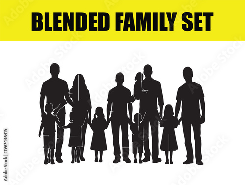 Blended family set of black silhouettes, diverse family members including parents and children, large group of people vector illustration, multi-generational family collection