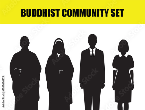 Buddhist community set of 4 black silhouettes, monk and nun religious figures, funeral service attendees in formal attire, spiritual people vector icons