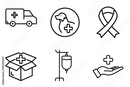Humanitarian health and medical outline icon set featuring medical ambulance, veterinary care, awareness ribbon, IV saline drip, and more vector illustration on editable stroke