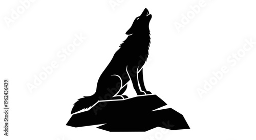 Howling Wolf on a Rock Black Silhouette Vector Illustration