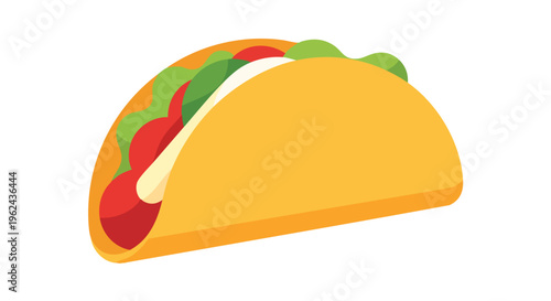 A simple, vector-style illustration of a taco. The tortilla is yellow, filled with red, green, and white fillings, and appears fresh