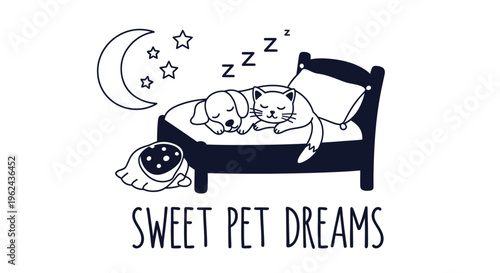 Sweet Dreams for Furry Friends Adorable Line Art Illustration of a Dog and Cat Sleeping Peacefully on a Bed Under a Moonlit Sky